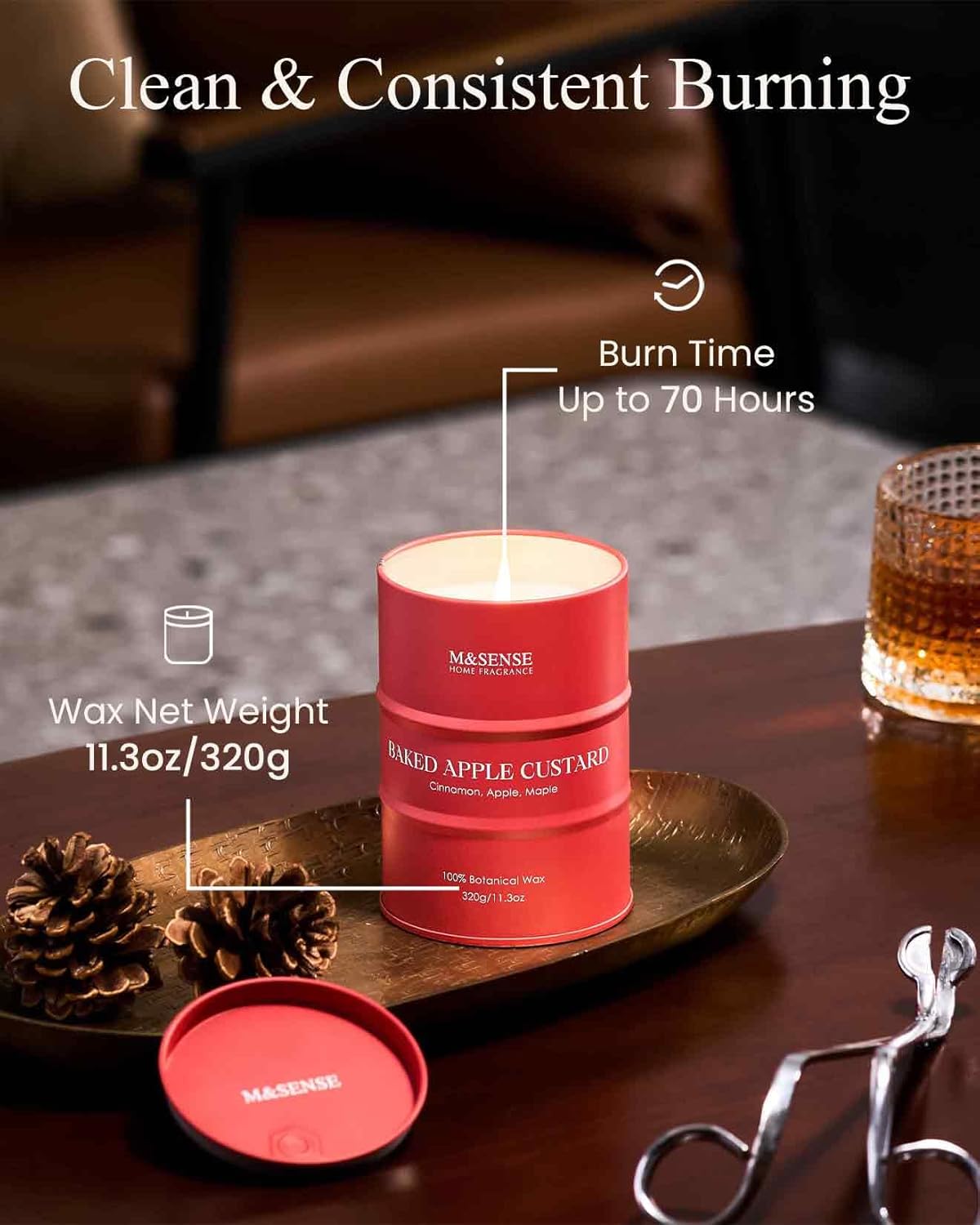 M&SENSE Baked Apple Scented Candles Natural Non Toxic, Aromatherapy Candle for Stress Relief Meditation Relaxing, Housewarming Gifts for Women Men, 11.3oz 70 Hour Long Burning