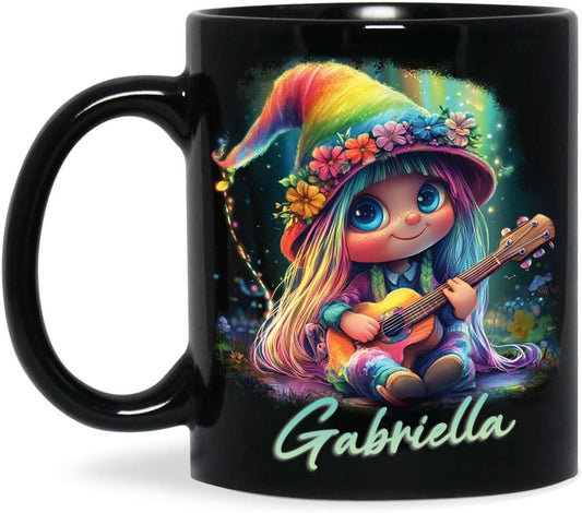 Customized Adorable Gnome With Guitar Mug 11oz 15oz, Personalized Name Coffee Cup, Gnome And Northern Lights Mug, Custom Whimsical Music Ceramic Cup, Gnome Black Mug Gift For Kids