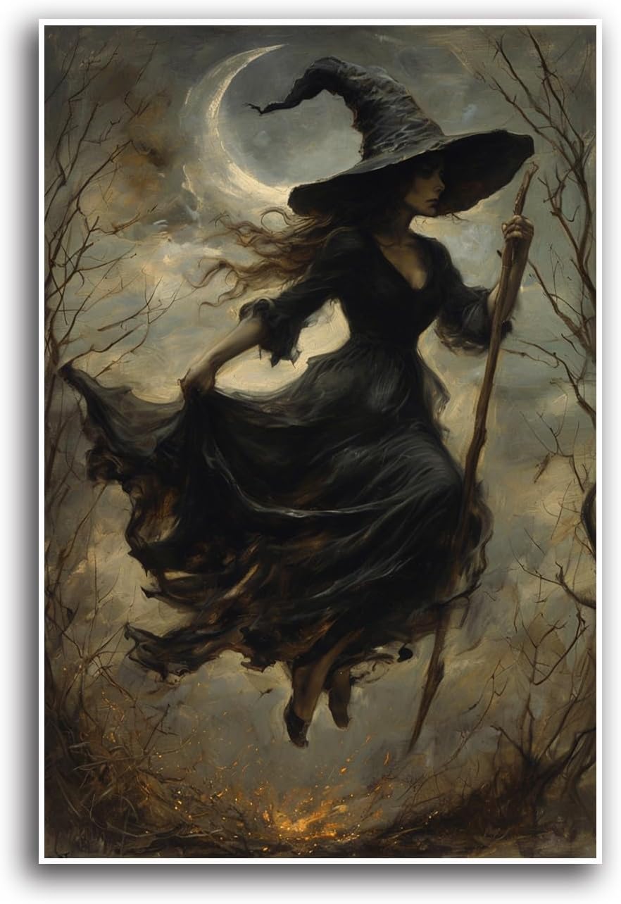 JFHCQJPK Witch in the Forest Halloween Print Wall Art Poster Witch Decor Vintage Print Dark College Wall Art Victorian Gothic Room Decor Canvas Wall Print20x30in Frameless