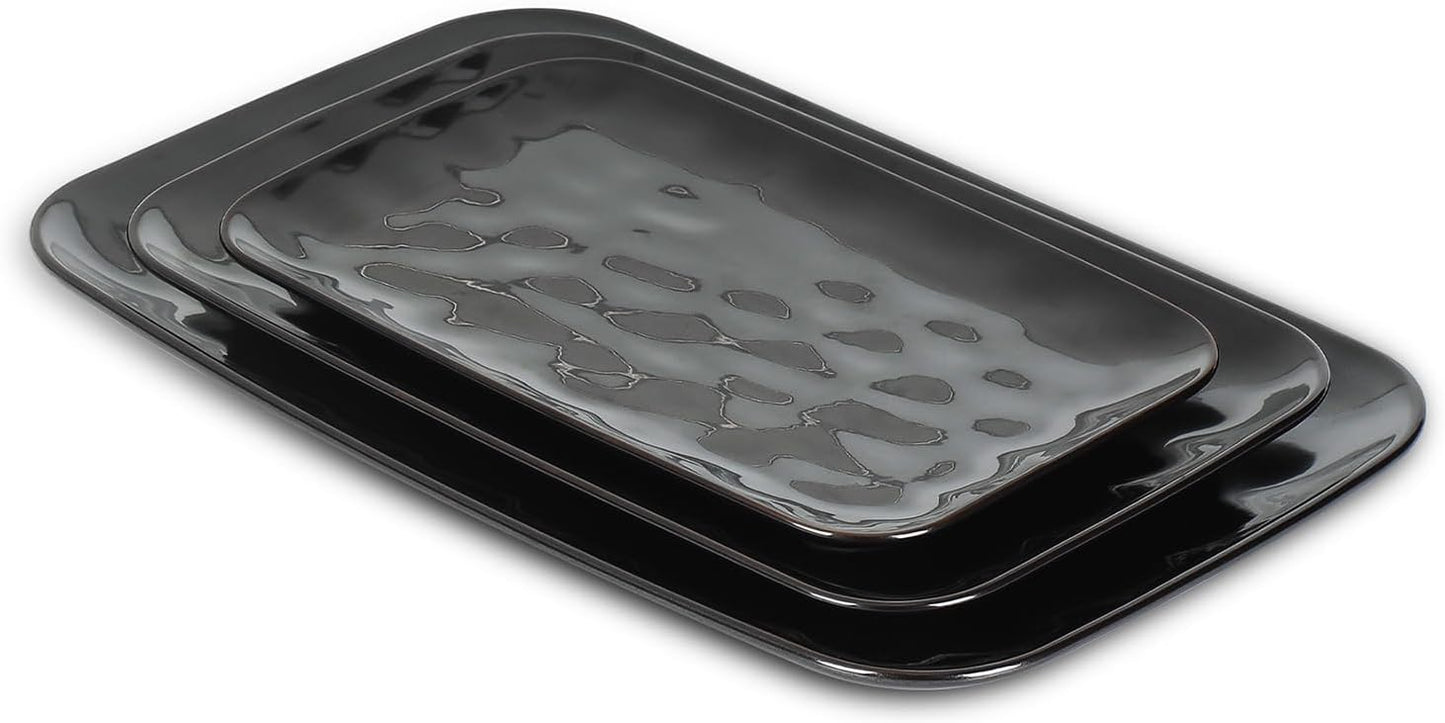 vicrays Ceramic Rectangle Serving Platters - 14" 12" 10" Porcelain Serving Trays Plates for Party BBQ Appetizers Sushi Dessert - Microwave Oven and Dishwasher Safe - Set of 3 Bright Black