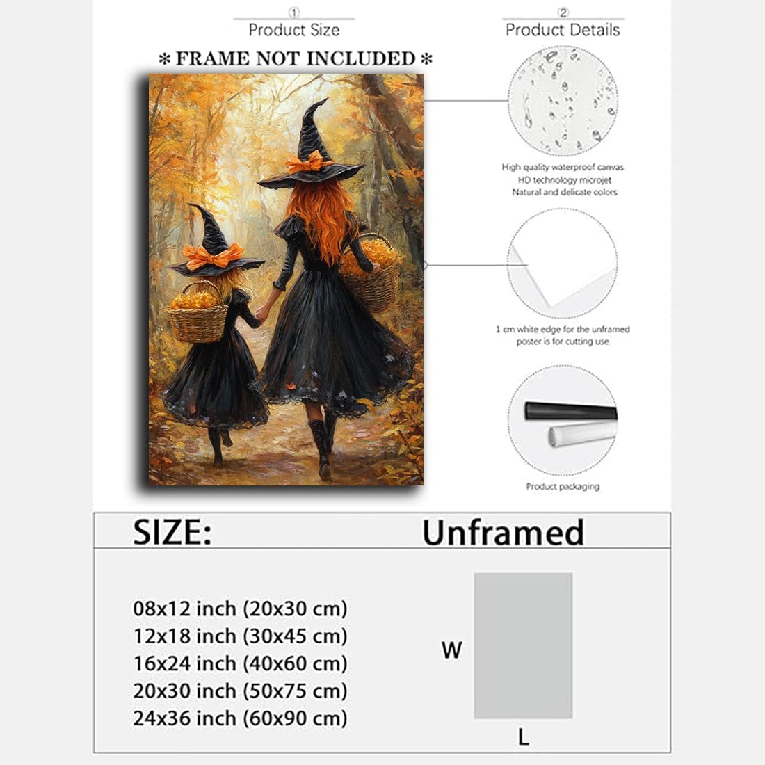 Mother Witch And Child Daughter Witch Wall Art,Halloween Autumn Woodland Forest Path Picture,Family Room Nursery Playroom Kids Room Decor,16"x24" Unframed