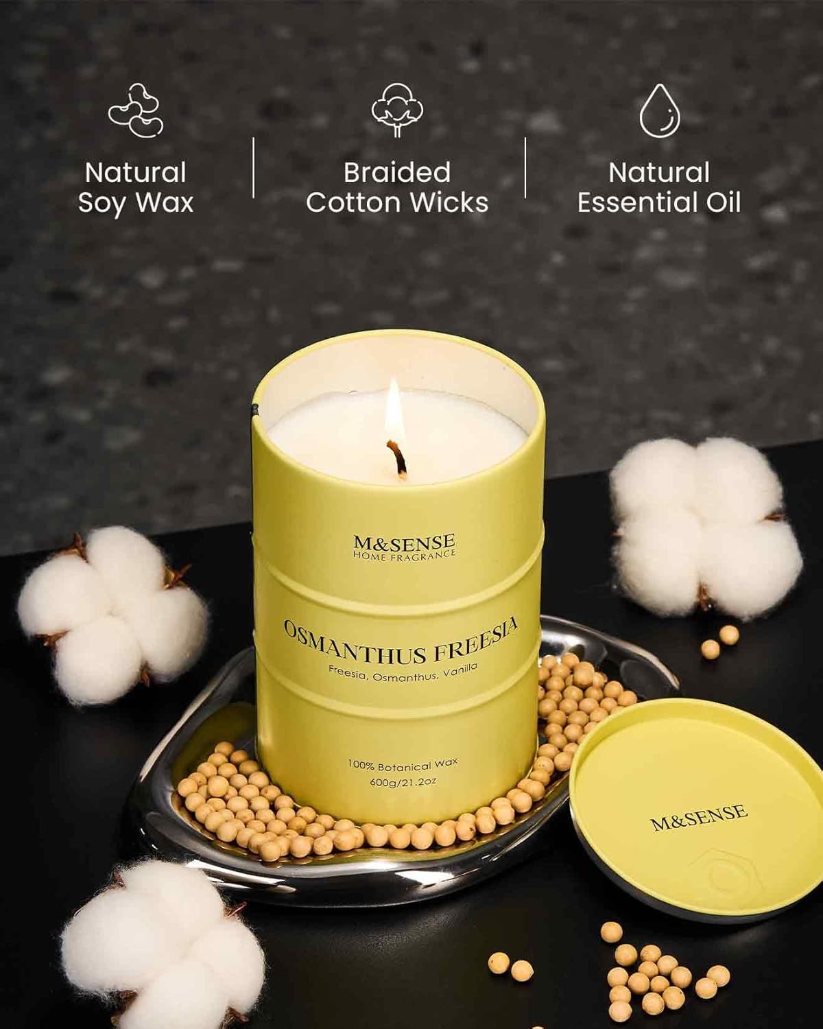 M&SENSE Osmanthus Freesia Scented Candles Large, Natural Soy Candles 21.2oz 120 Hour Slow Burning,Aromatherapy Candle for Stress Relief Meditation Relaxing