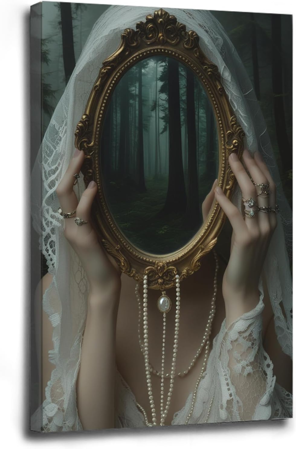Mirror face covering dark art poster print melancholy gothic painting vintage feminine print victorian style decoration antique art16x24in Wood Framed