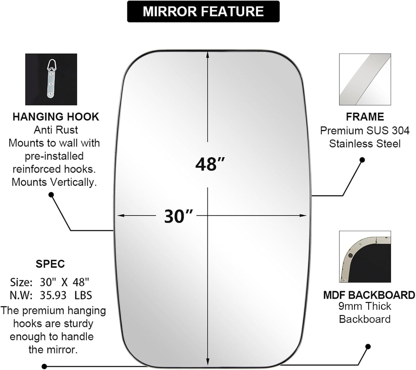 ANDY STAR Chrome Oblong Mirror, 30x48 Inch Polished Chrome Oval Mirror for Bathroom with Stainless Steel Metal Frame, Wall Mouned for Bathroom, Living Room, Entryway
