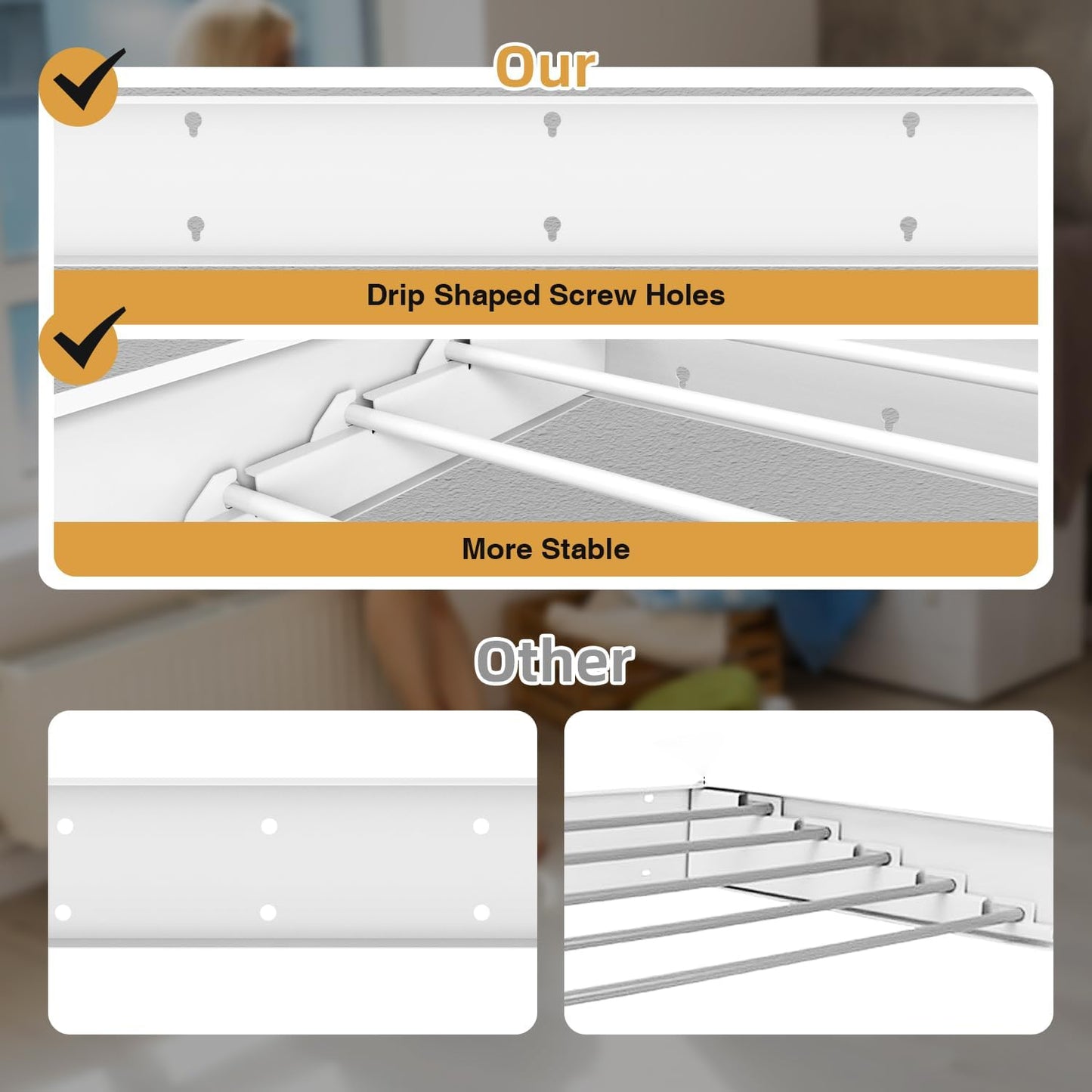 Laundry Drying Rack Collapsible, Wall Mounted Clothes Drying Rack, Space Saving Drying Rack for Laundry, 40" Wide, 16.5 Linear Ft, 5 Aluminum Rods, 60 lb Capacity (White 40")