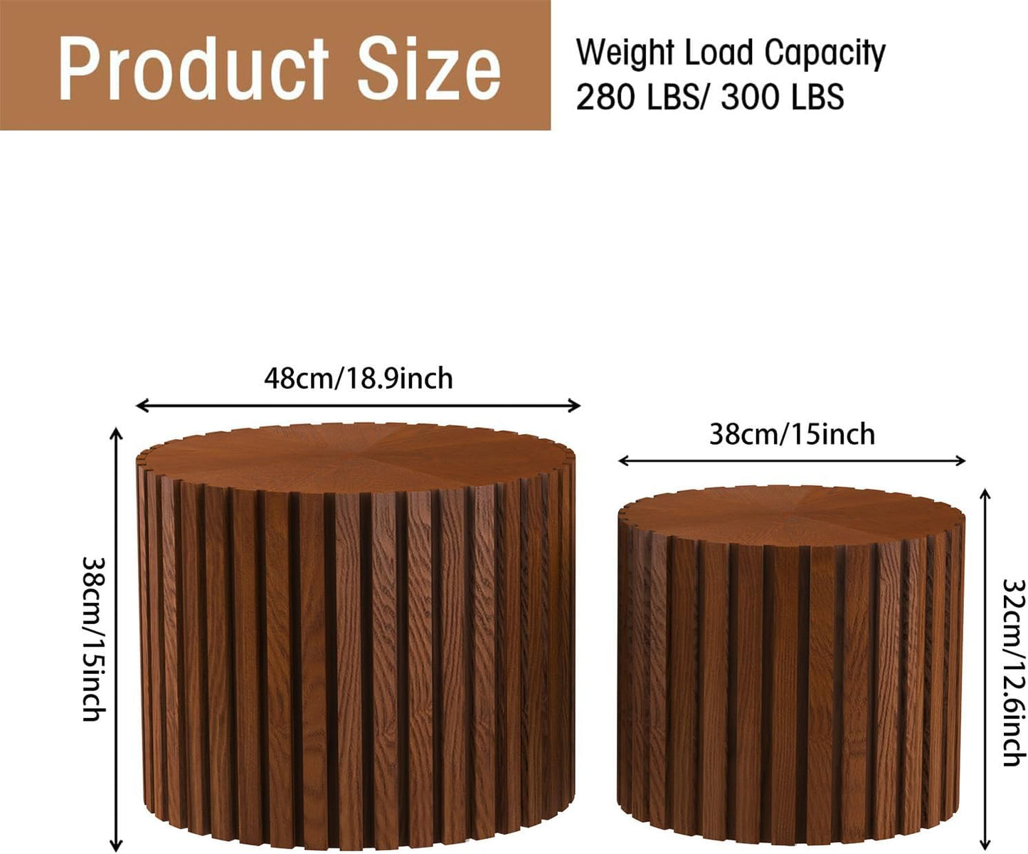 Round Coffee Table Set of 2, Nesting Coffee Table and End Table Set Small Circle Drum Side Table for Living Room Office, No Assembly (C Walnut Small)