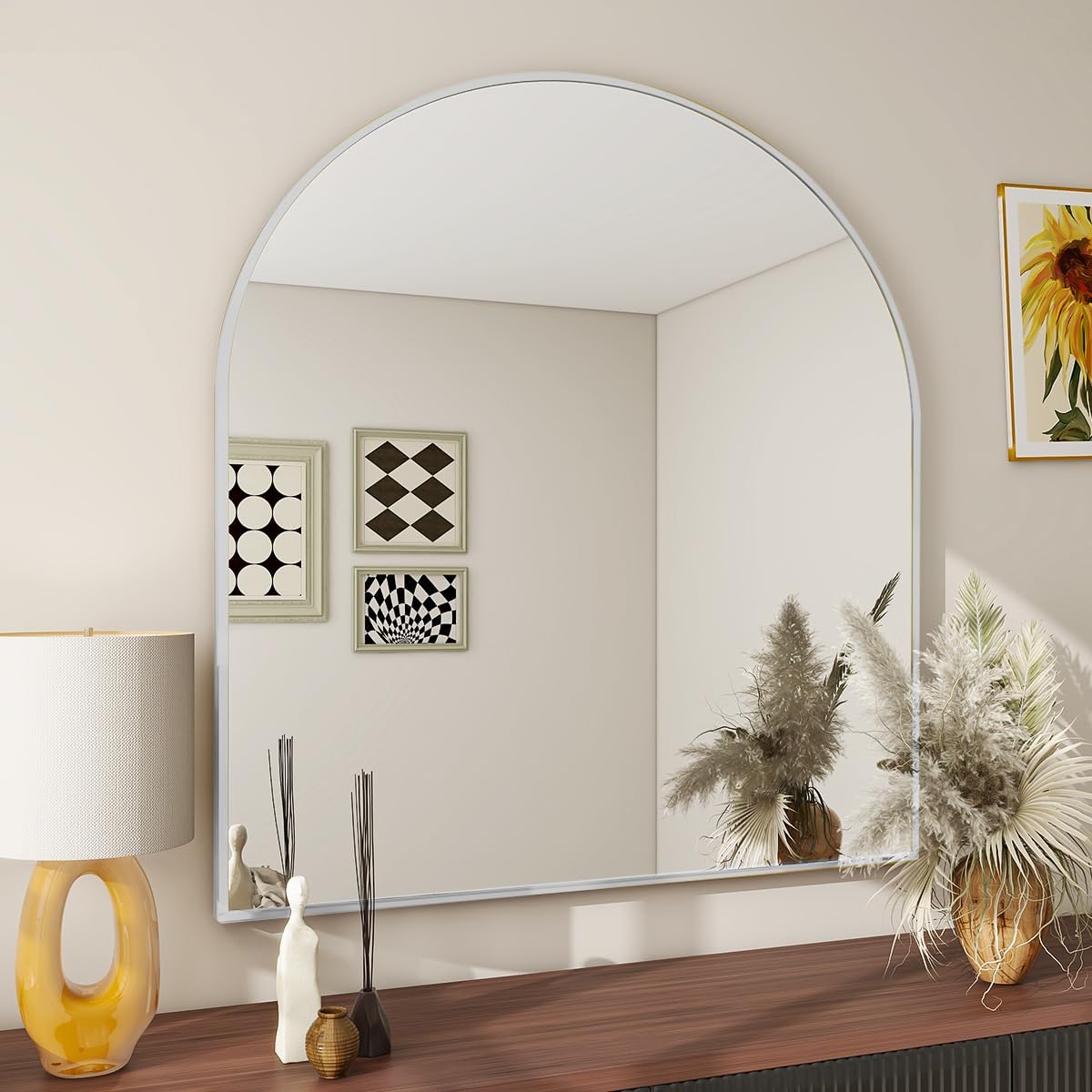 BEAUTYPEAK 32"x34" Arch Bathroom Mirror, Wall Mounted Vanity Metal Frame Mirror for Bedroom, Entryway, Living Room, Silver