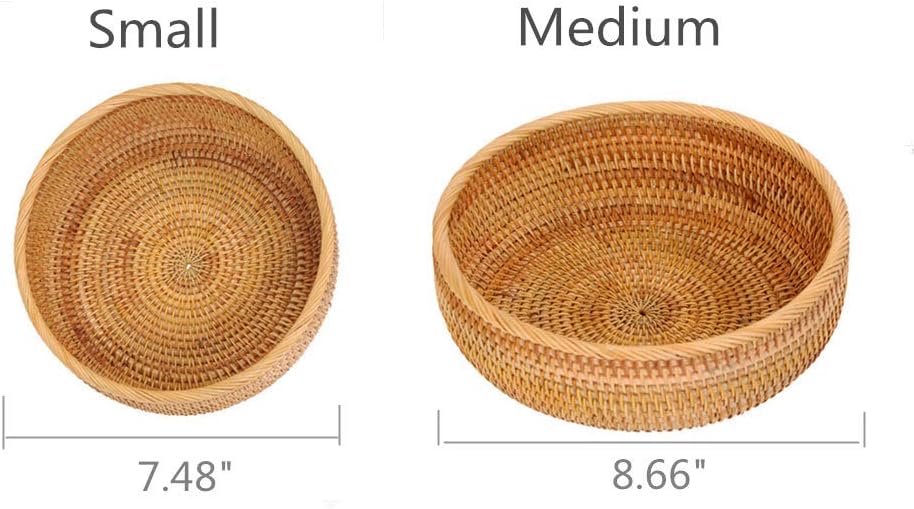Set of 2 Round Rattan Bowl Baskets, 8 9 Inch Handmade Wicker Basket Tray with 3”Deep Wall, Decorative Woven Brown Bread Basket Fruit Bowl Table Key Holder, 2-Size