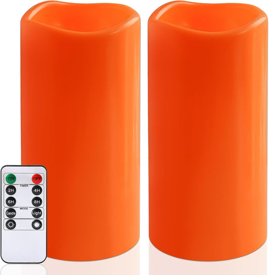 NURADA 8" x 4" Large Outdoor Flameless Candles - Waterproof LED Pillar Flickering Candle Battery Operated with Timer Remote for Patio Porch Lanterns Halloween Thanksgiving Fall Decor - 2 Pack Orange
