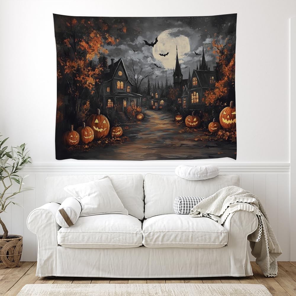 Spooky Halloween Tapestry Haunted Home Bats Pumpkin Tapestry Wall Hanging Dark Academia Fall Full Moon Decor Gothic Ghost Tapestries for bedroom Living Room Decoration 60x80inch