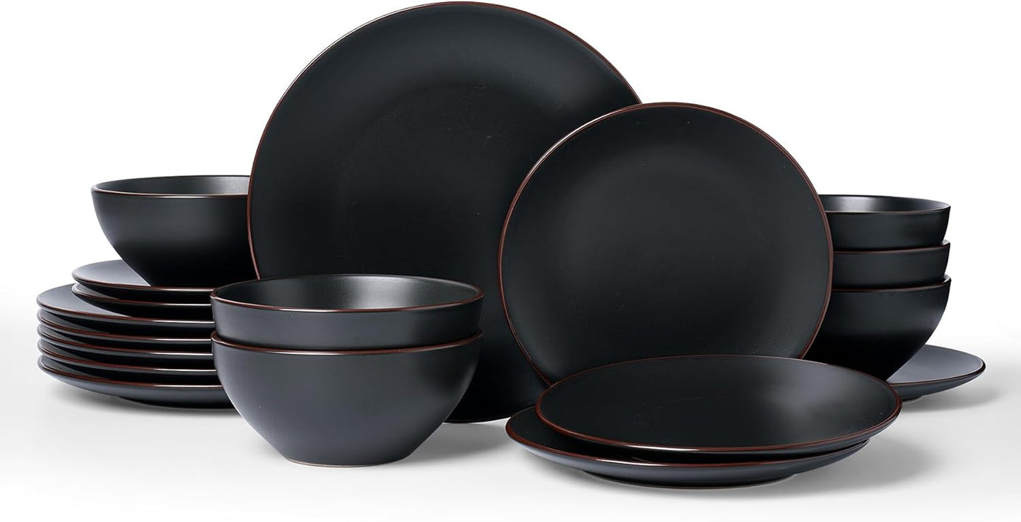 Famiware Venus Plates and Bowls Sets, 18 Pieces Stoneware Dinnerware Sets, Dishes Set for 6, Microwave and Dishwasher Safe, Matte Black