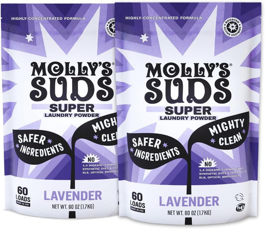 Molly's Suds Super Powder Detergent | Extra Strength Laundry Soap, Stain Fighting | Sensitive Skin | Simple, Effective Ingredients | Lavender, 120 Loads Total (2 Pack)