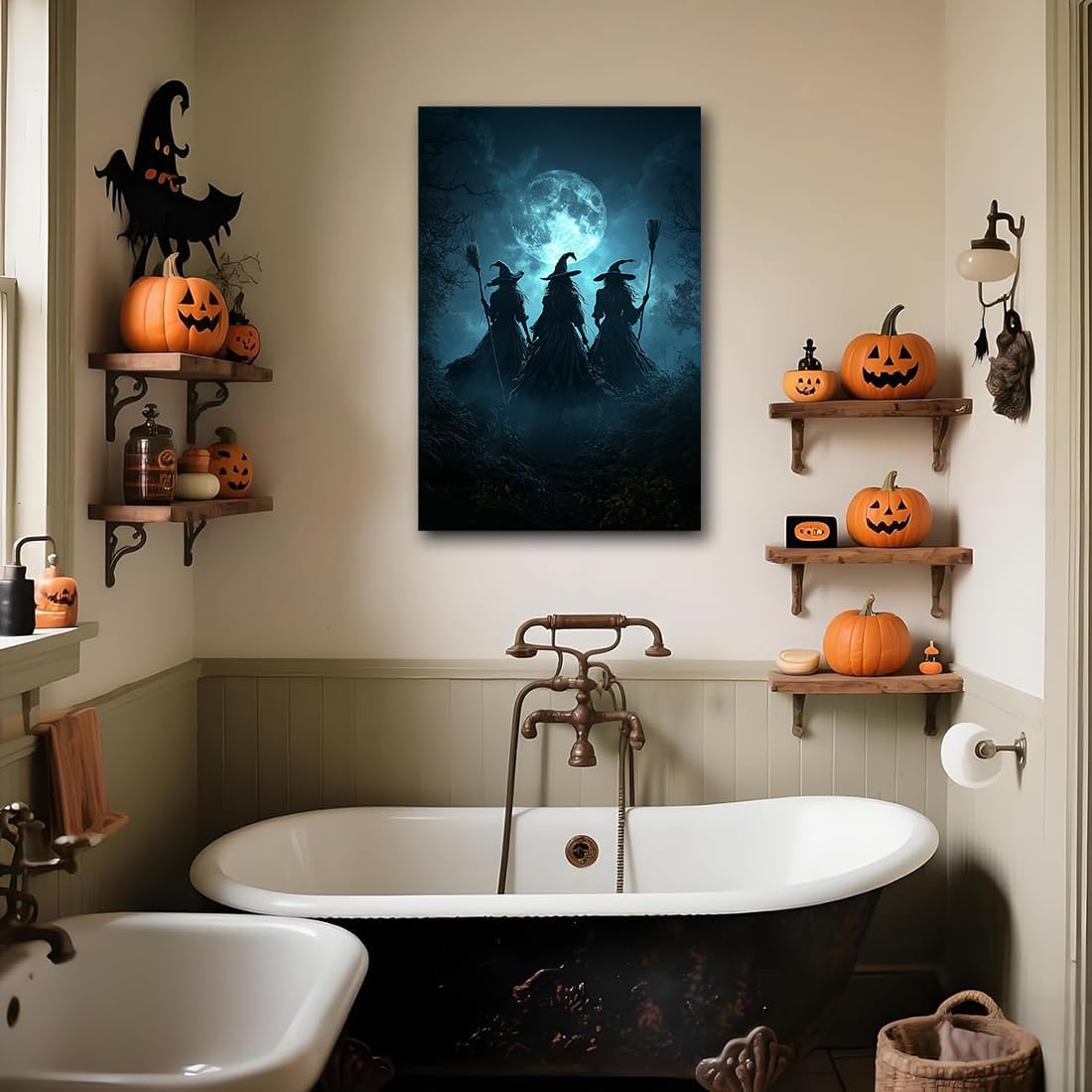 Moonlight Witches Halloween Canvas Art Picture,Three Witches on Broom in Forest Painting Print Gothic Decor,Halloween Witch Poster Witchy Room Aesthetic Bedroom Home Decorations,16"x24" Framed