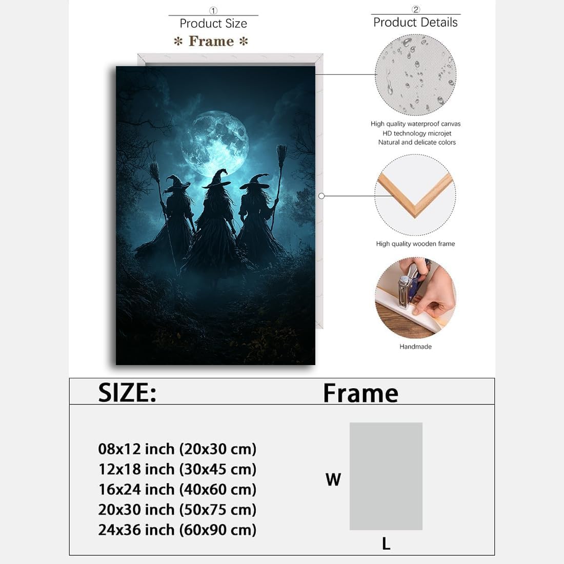 Moonlight Witches Halloween Canvas Art Picture,Three Witches on Broom in Forest Painting Print Gothic Decor,Halloween Witch Poster Witchy Room Aesthetic Bedroom Home Decorations,8"x12" Framed