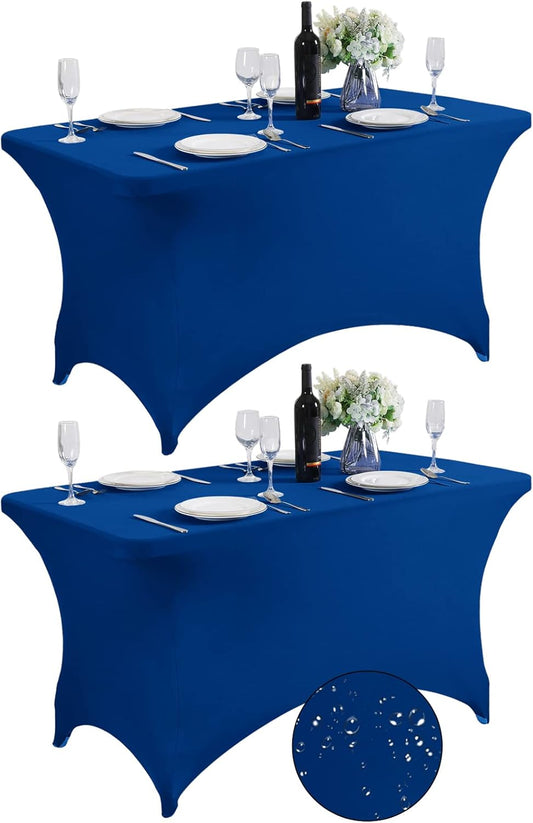 SuperO 2Pack Waterproof Spandex Table Cover for 4FT Table Universal Fitted Stretch Tablecloth for Party, Banquet, Wedding and Events-Classic Blue