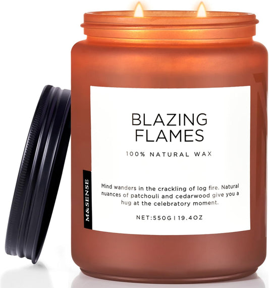 M&SENSE Blazing Flames Scented Candles with Log Fire - Patchouli & Cedarwood, Large Natural Soy 19.4oz 110 Hour Long Lasting Non Toxic Clean Burn Candle Gifts for Men Women