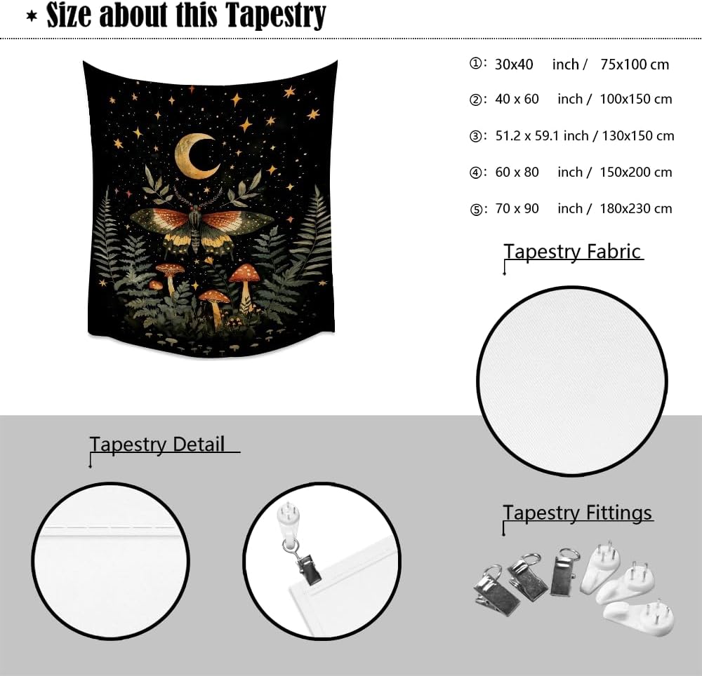 Mystical Moth Mushroom Tapestry Dark Academia Aesthetic Wall Hanging Decor Moon Star Witchy Print Butterfly Enchanted Forest Tapestries for Home Bedroom Living Room Office Decor 70x90inch