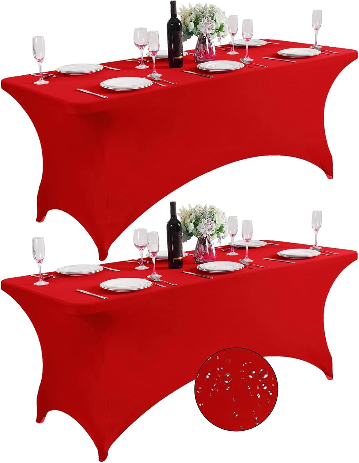 SuperO 2Pack Waterproof Spandex Table Cover for 6FT Table Universal Fitted Stretch Tablecloth for Party, Banquet, Wedding and Events-Red