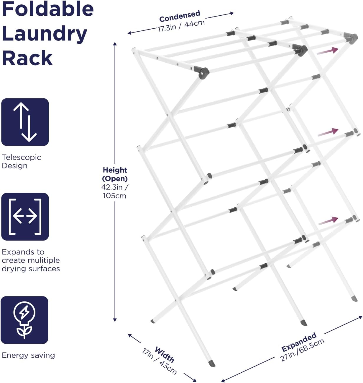 BLACK+DECKER 3 Tier Expandable Collapsing Foldable Laundry Rack for Air Drying Clothing, Space Saving Heavy Duty Lightweight Metal Drying Rack(White)