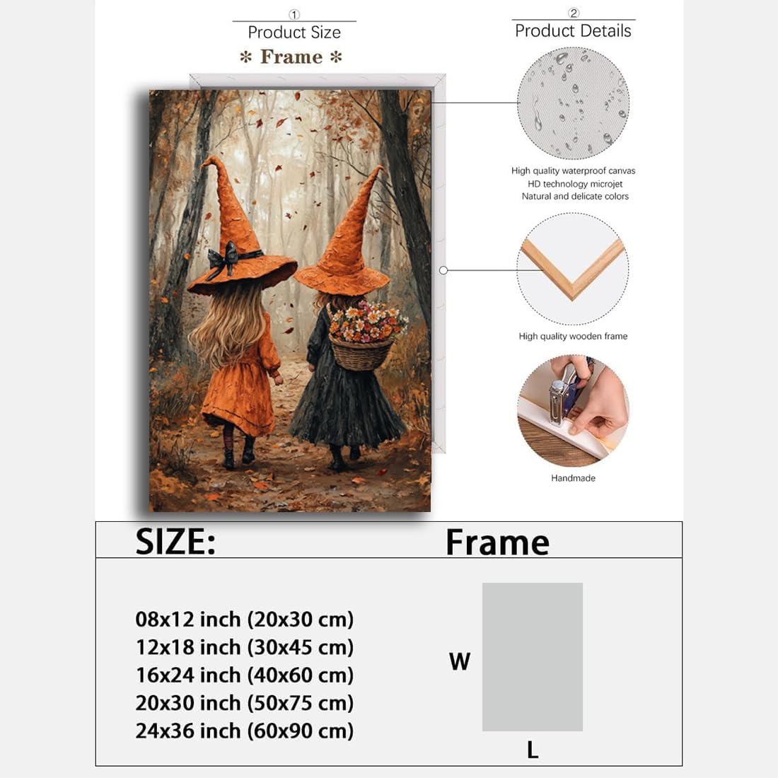 Fall Wall Art Witch Picture Decor,Little Girl Witch Halloween Wall Art, Vintage Autumn Whimsical Woodland Forest Picture, Family Room Nursery Playroom Children Room Decoration,8"x12" Framed