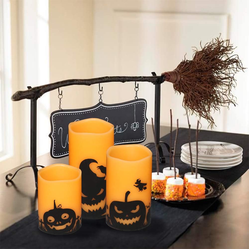 GenSwin Halloween Pumpin Flameless Candles, LED Battery Operated Pillar Pumpkin Candles with 6H Timer, 3 Pack LED Flickering Candles for Fall Spooky Halloween Decoration(D3 xH4 5" 6")