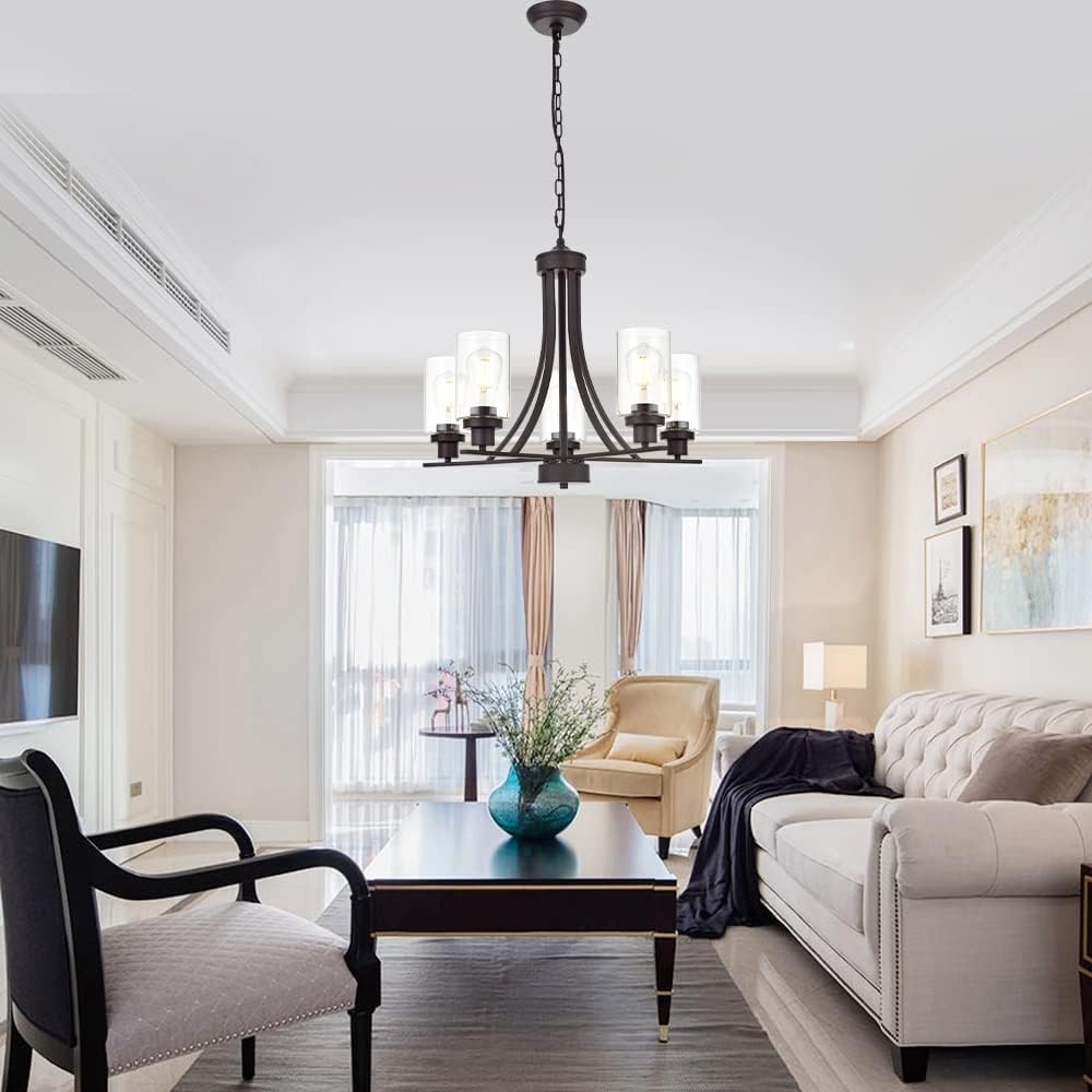 BONLICHT Rustic Kitchen Island 5-Light Oil-Rubbed Bronze Traditional Chandelier Industrial Vintage Pendant Lights Classic Glass Ceiling Lighting UL Listed