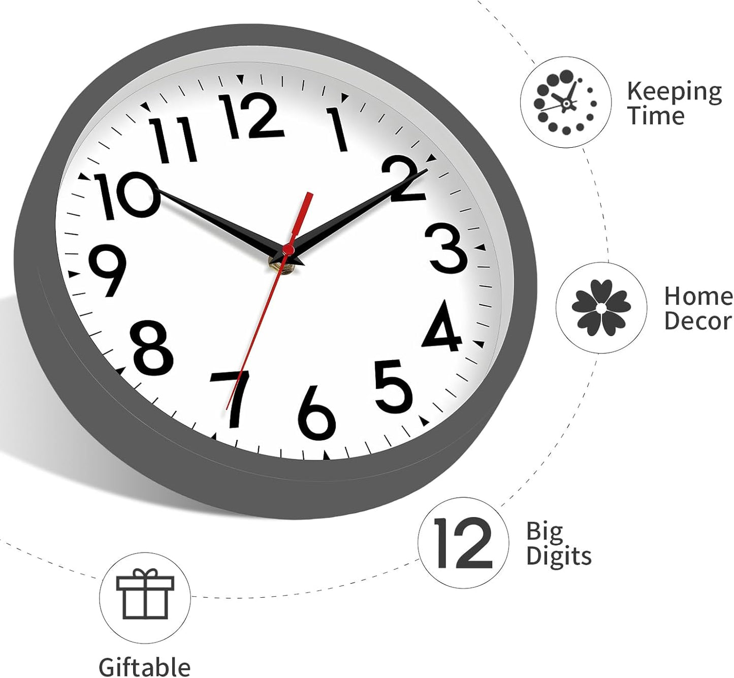 Wall Clock Small Analog 8 Inch Silent Non Ticking Battery Operated Modern Simple Decorative for Kitchen Office Bedroom Bathroom Living Room(Gray)