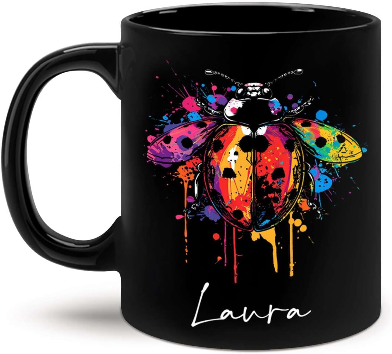 Personalized Choose Name Ladybug Coffee Mug, Colorful Ladybug Animal Design Cup, Customized Ladybug Lover Ceramic Mug, Gift For Christmas, Custom Animal Black Cup 11oz 15oz, Ladybug Mug