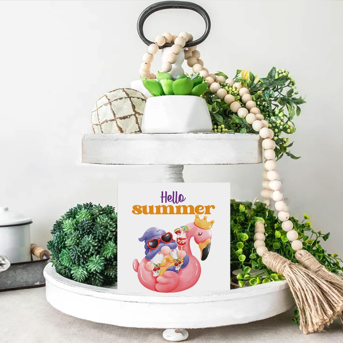 Hello Summer Decor Flamingo Decorations Summer Gnome Wooden Sign Rustic Home Decor 5 x 5 Inches