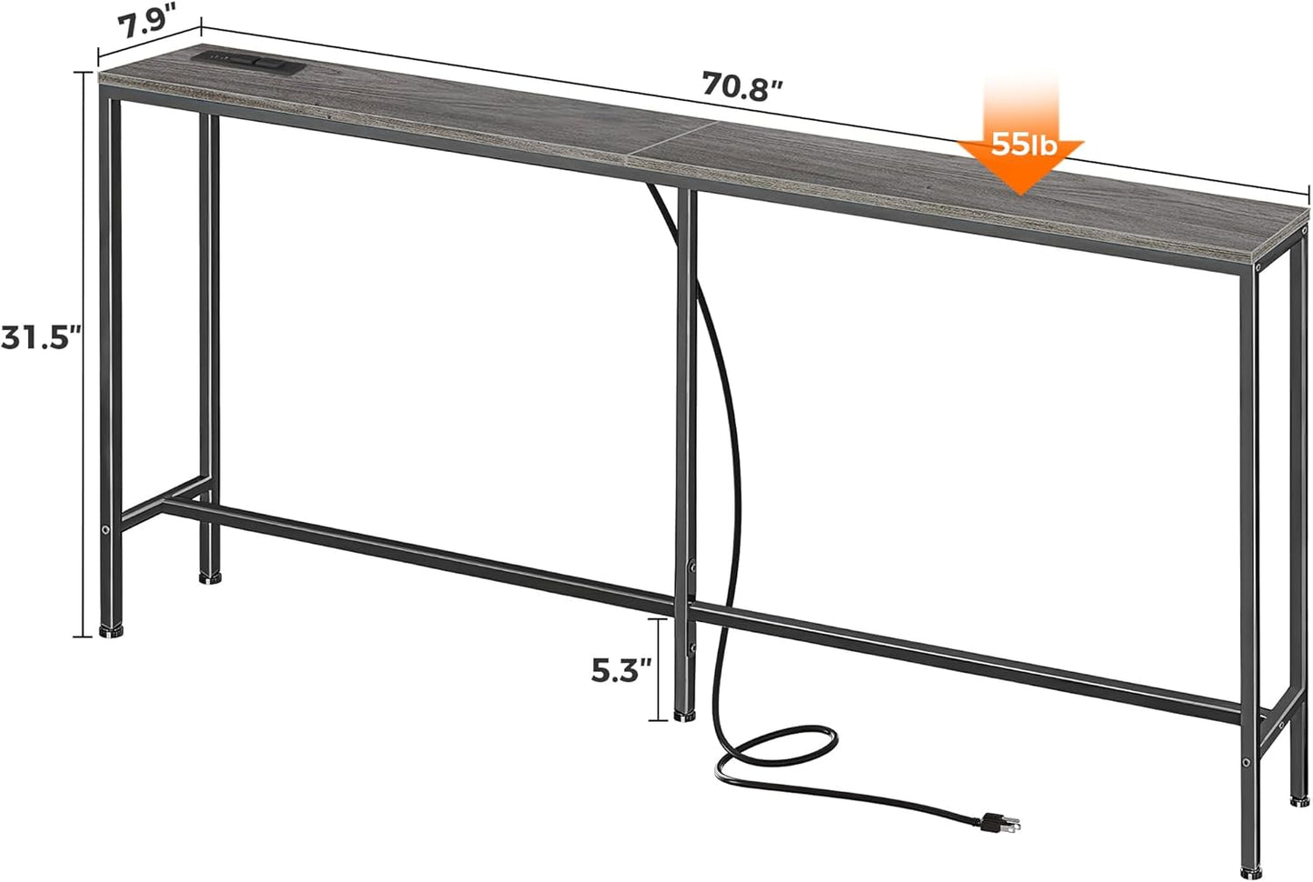 SUPERJARE 70 Inch Console Table with Outlet, Sofa Table with Charging Station, Narrow Entryway Hallway Table, Behind Couch Table, for Living Room, Charcoal Gray