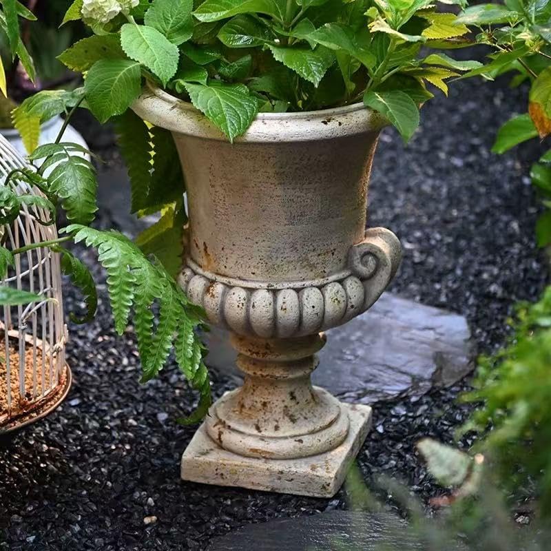 Vintage European Garden Urn Planter, Decorative Cement and Fiber Flower Pot, Make Antiqued Finished, H=19.7in, Wrap Foam Safely Delivered from Local Warehouse (Antiqued, Medium)