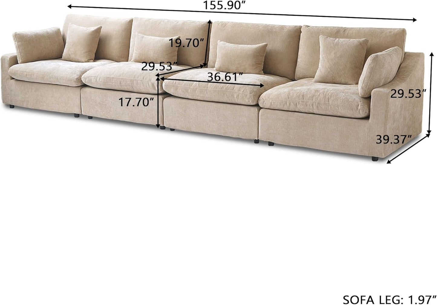JACH Sectional Couches for Living Room, 4 Seater Cloud Sectional Couch with Deep Seat, Down Filled Modular Sofa, Covers Removeable & Washable, Sofas Furniture for Living Room, Khaki