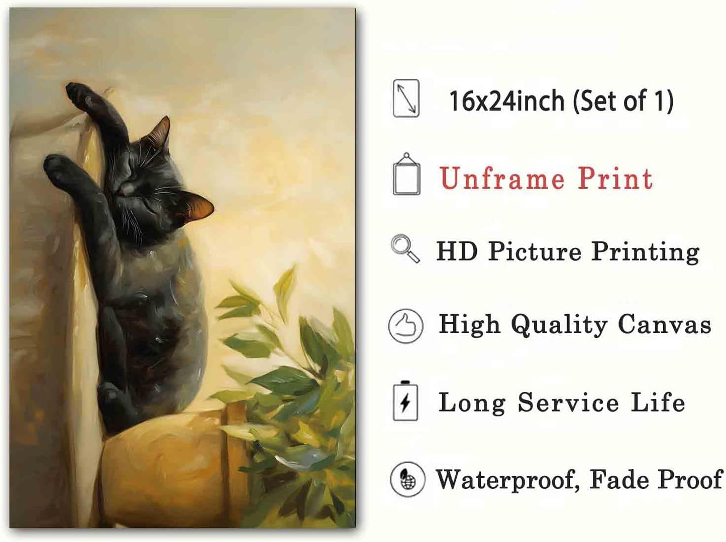 Black Cat Poster Lovely Cat Sleeping Picture Retro Plant Wall Art Still Life Painting Vintage Vase Canvas Animal Artwork Plant Living Room Decor 16x24inch No Frame