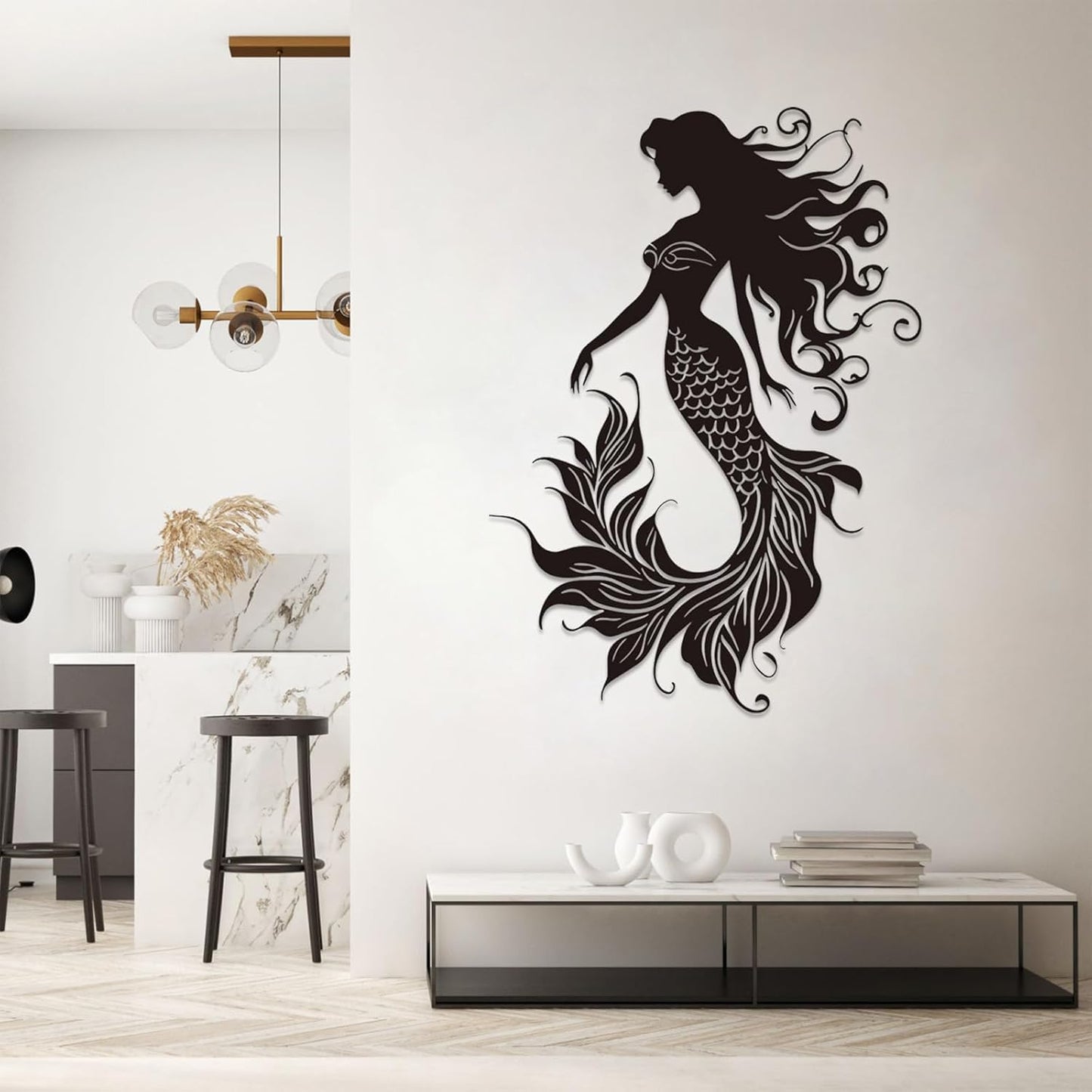 Veplsur Mermaid Metal Wall Art, Metal Mermaid Wall Decor, Marine Biology Wall Decor, Ocean Wall Art, Nautical Wall Hanging, Beach Hanging for Bathroom Bedroom (White, 35"x25"|90x64cm)