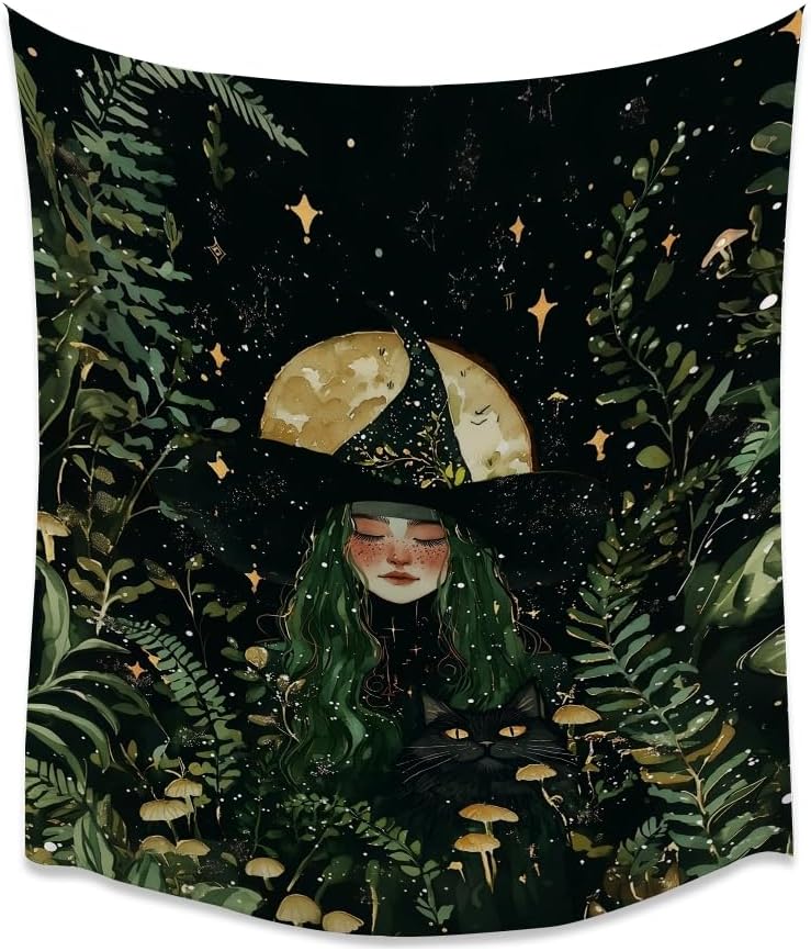 Moon Witch Tapestry Wall Hanging Mystical Botanical Green Print Dark Forest Witchy Decor Gothic Magical Black Cat and Moon Tapestries for Bedroom Living Room Dorm Decoration Aesthetic 30x40inch