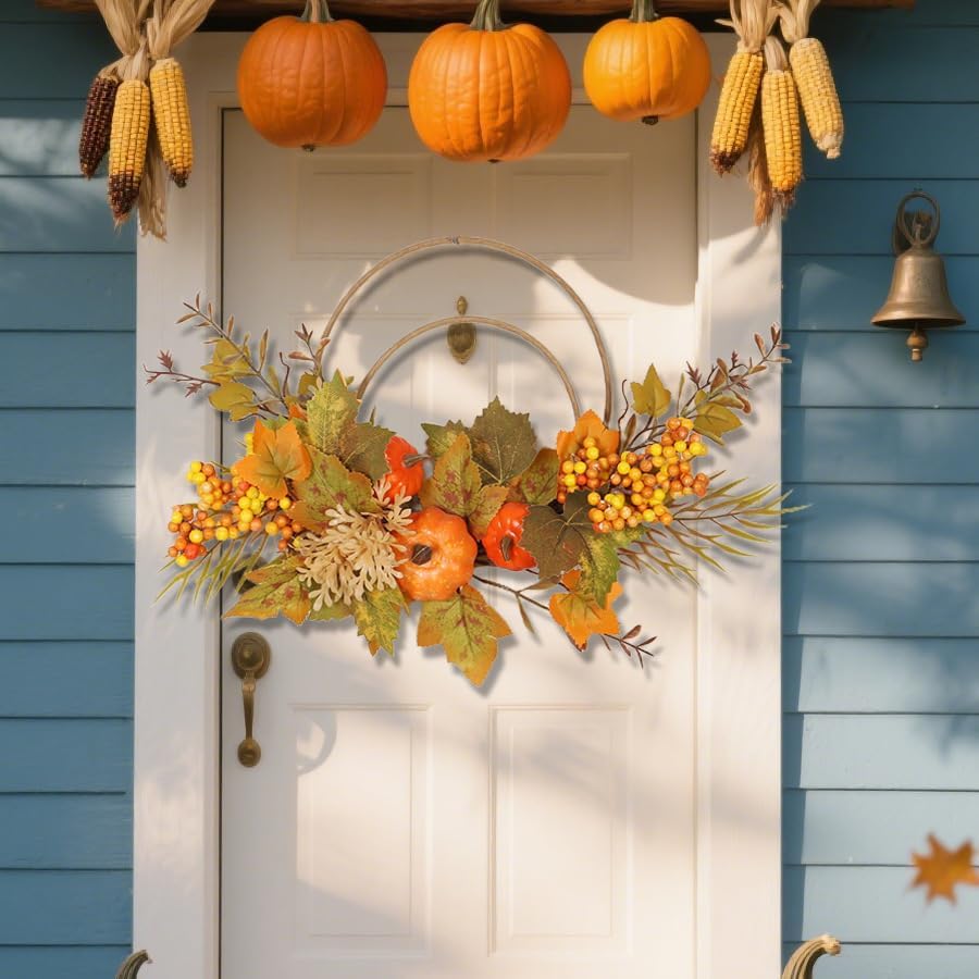 Fall Wreaths for Front Door, Autumn Wreath with Pumpkins, Berries and Leaves for Indoor Outdoor Porch Thanksgiving Farmhouse Harvest Halloween Home Décor (Orange Pumpkin)