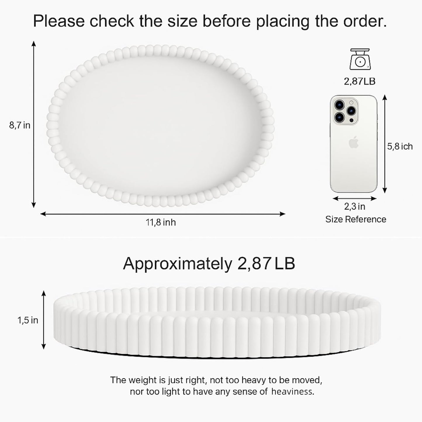 11.8in Decorative Tray for Coffee Table Decor- Modern Oval Concrete Tray for Home Decor- Minimalist Handcrafted Centerpieces Tray for Living Room, Kitchen Dining Table, Entryway (White)