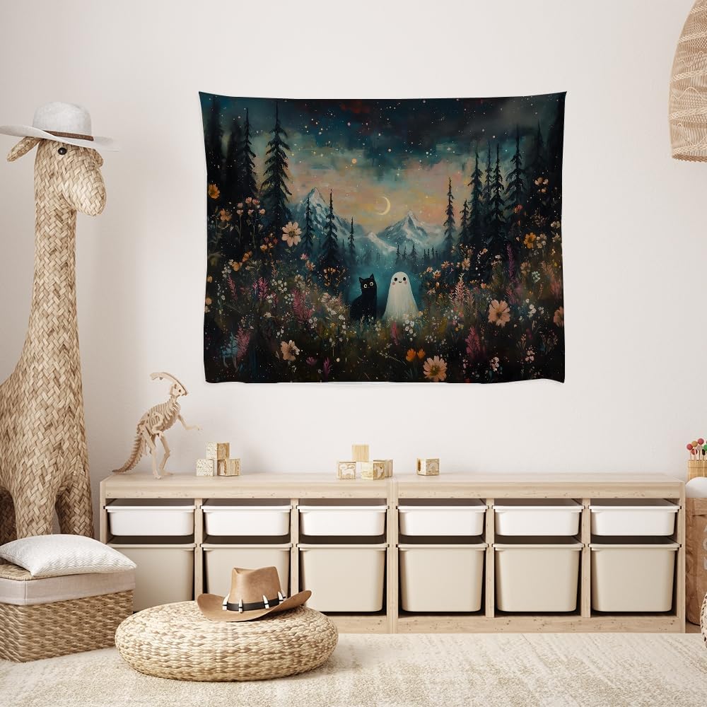 Whimsical Halloween Tapestry Wall Hanging Ghost and Black Cat in Magical Forest Wildflowers Meadow Tapestry Art Print Charming Spooky Fall Season Tapestries for Living Room Bedroom Decor 50x60inch