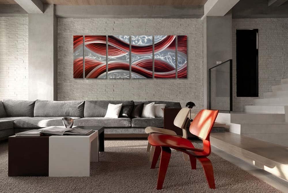 Handmade Abstract Metal Wall Art with Soft Color, Large Scale Decor in Dark Red Line Design Metal Art, 3D Artwork for Indoor Outdoor Wall Decorations, Decorative hanging in 6-Panels Measures 24"x 65"