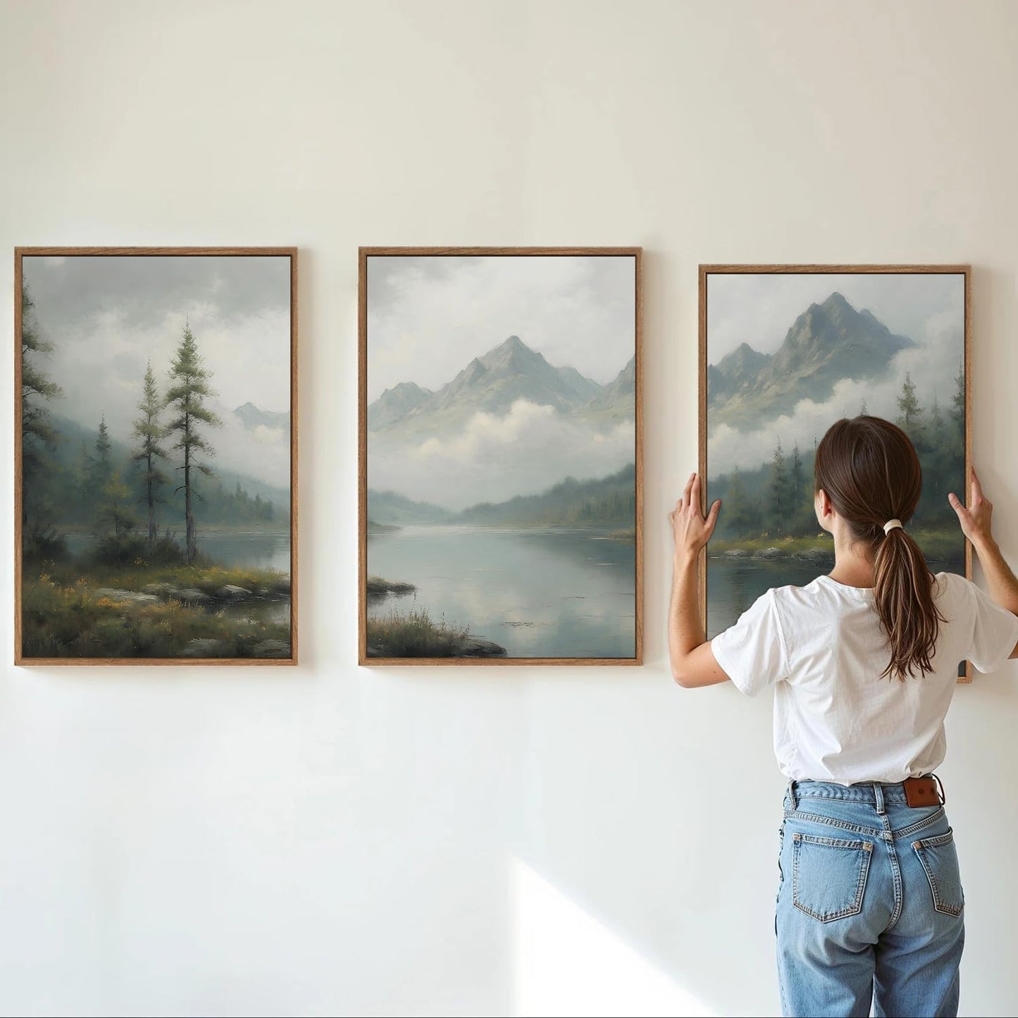 SIGNINART Large Misty Mountain Framed Canvas Wall Art, Green Forest River Scenery Wall Decor, Modern Foggy Wooden Landscape Artwork, Oil Style Nature Art Print for Living Room Bedroom Office 24"x36"x3