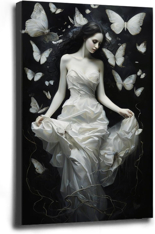 Vintage Gothic Feminine Canvas Wall Art Print Butterfly Poster Moody Preppy Wall Art Dark College Decor for Home Bedroom24x36in Wood Framed