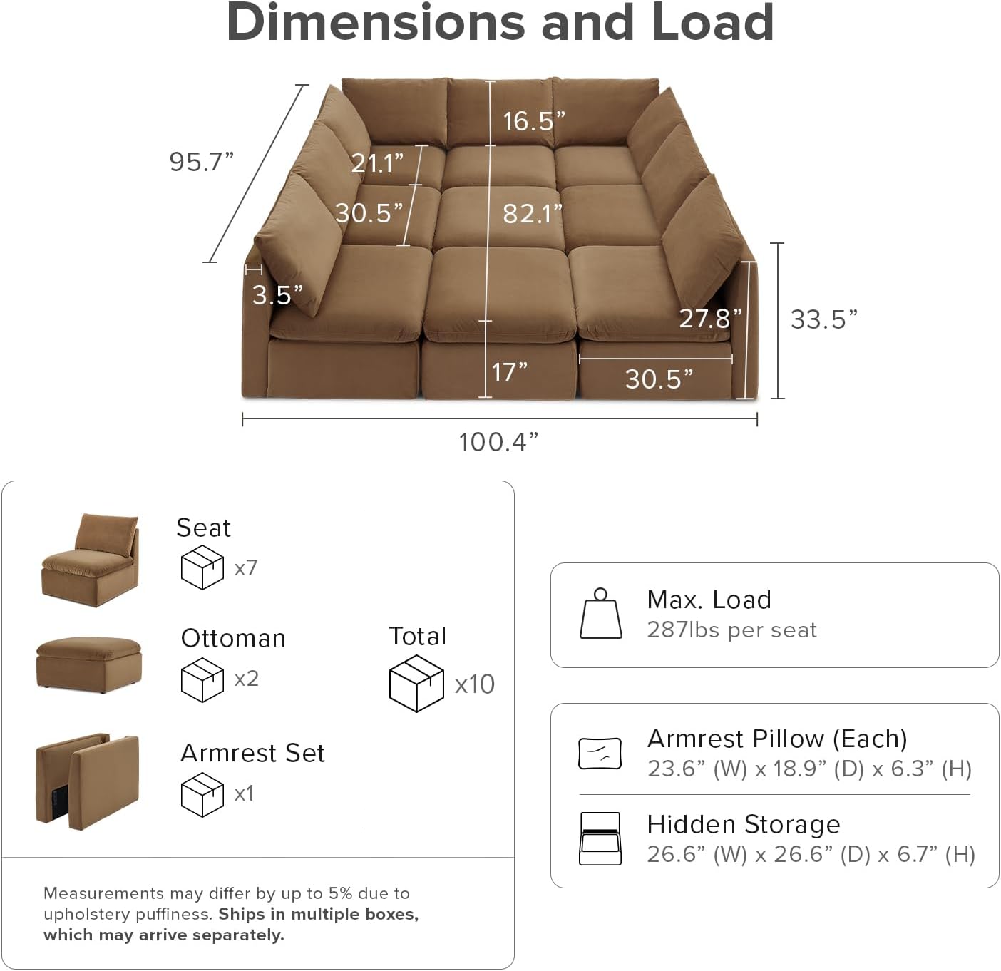 mopio Oversized Modular Sectional Sofa with Fully Removable Covers and Storage, Convertible U, L-Shaped and Sleeper Sectional, Modern Couches with Ottoman Chaise (Hazelnut Velvet, 9 Seats, Sleeper)