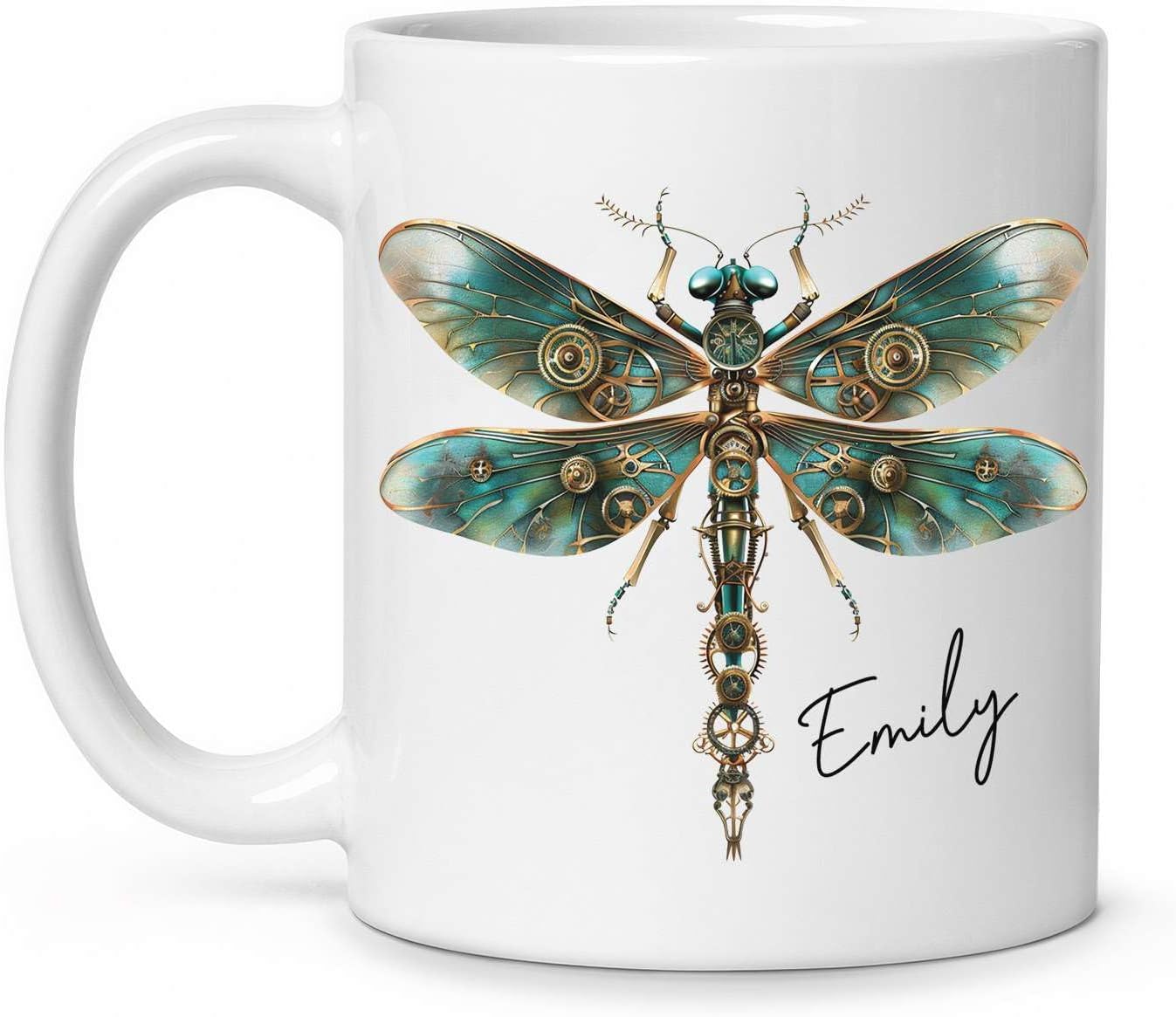 Personalized Steampunk Dragonfly Mug, Customized Name Coffee Cup 11oz, Custom Unique Dragonfly Ceramic Cup, Dragonfly Lovers White Cup, Steampunk Themed Decorative Mug, Kid Cup