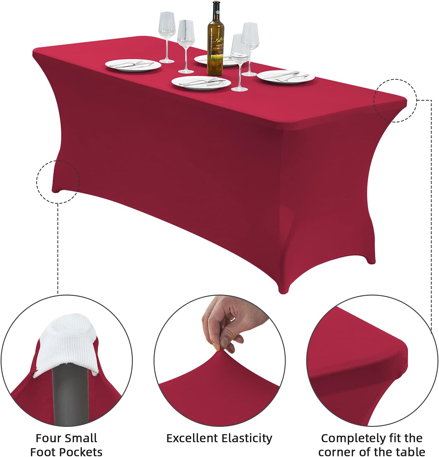 CWK 4FT Waterproof Stretch Spandex Table Cover for Rectangular Tables - Elastic Fitted Tablecloth for Folding Tables,Wrinkle Resistant Table Cloth for Parties, Weddings, Banquets & Events(Apple Red)