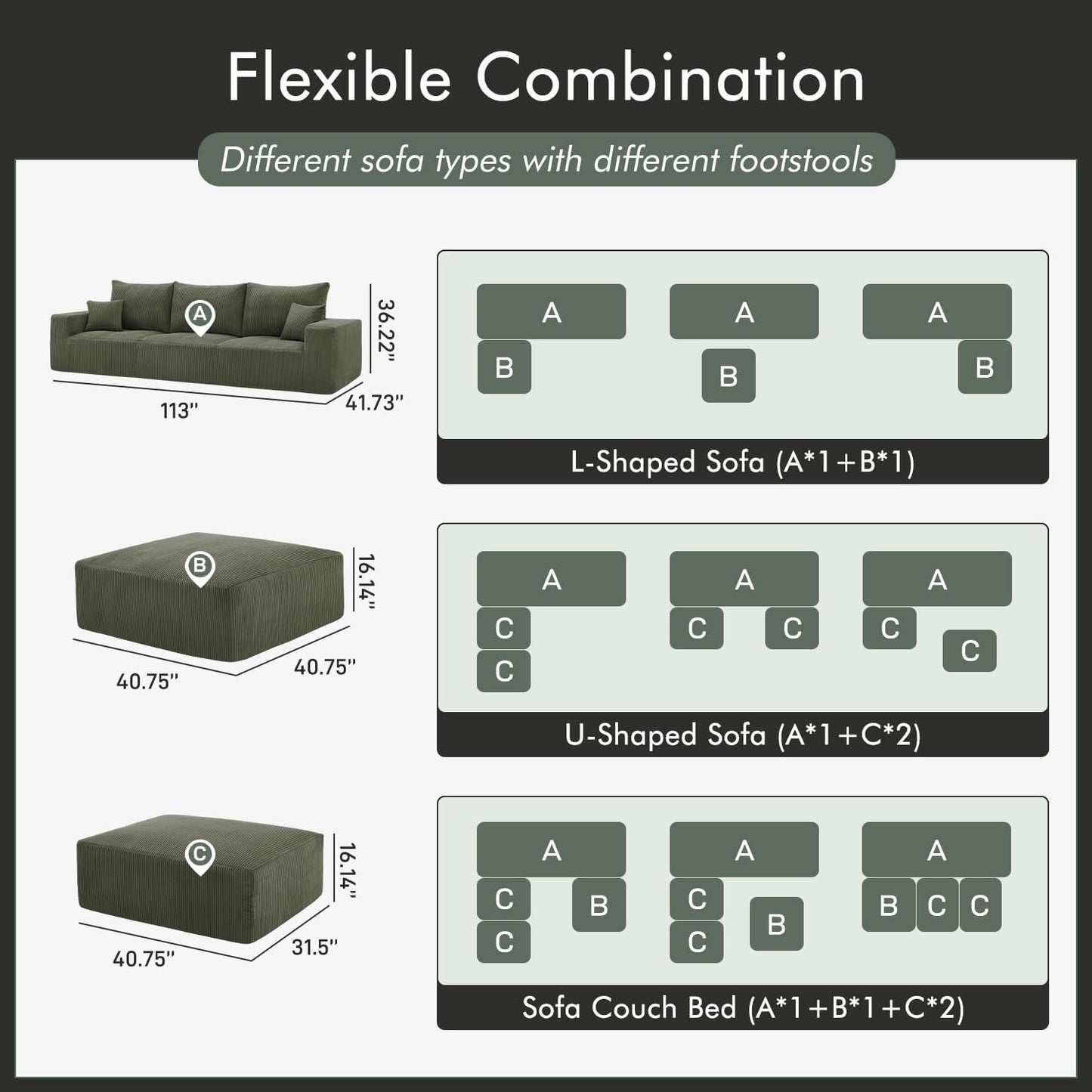 Boneless Sectional Cloud Couch Sofa Bed for Living Room, 112" Modular Modern Lounge 3 Seater Sleeper Green Couches with Chaise, No Assemble, Cordury Compression Upholstered Sofas