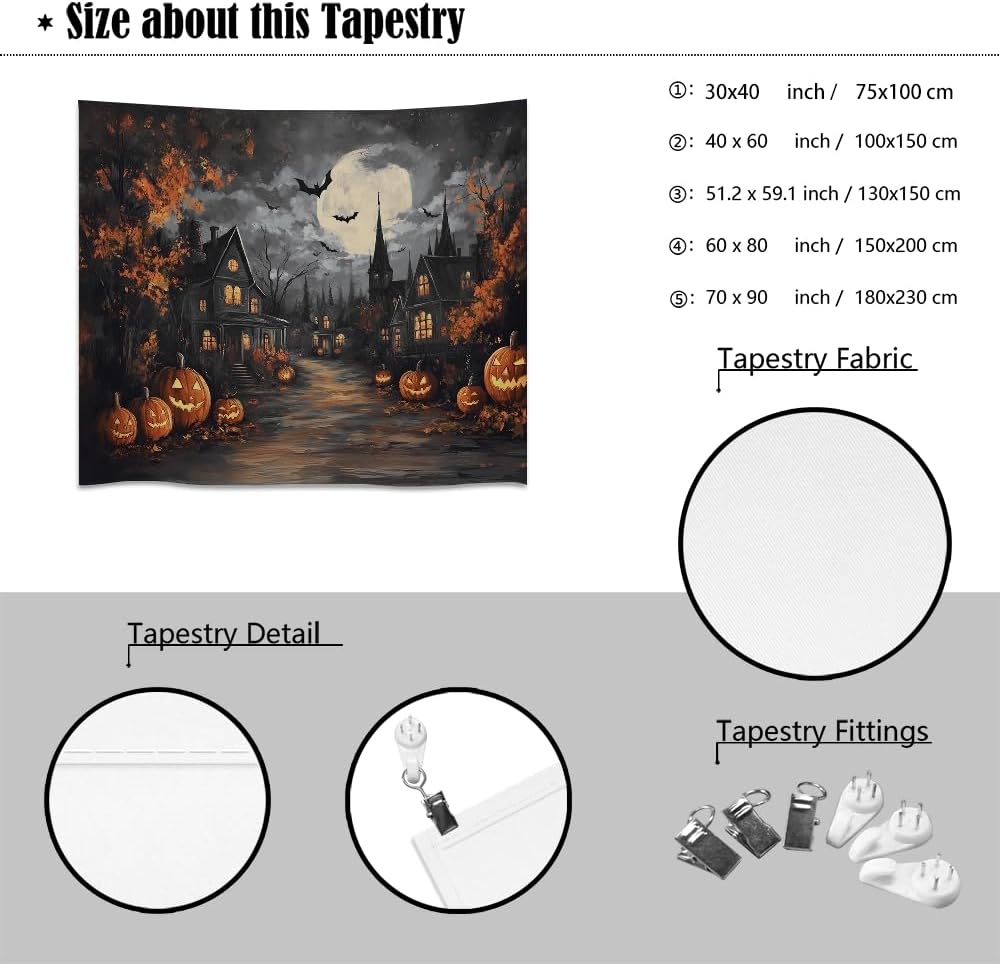 Spooky Halloween Tapestry Haunted Home Bats Pumpkin Tapestry Wall Hanging Dark Academia Fall Full Moon Decor Gothic Ghost Tapestries for bedroom Living Room Decoration 50x60inch