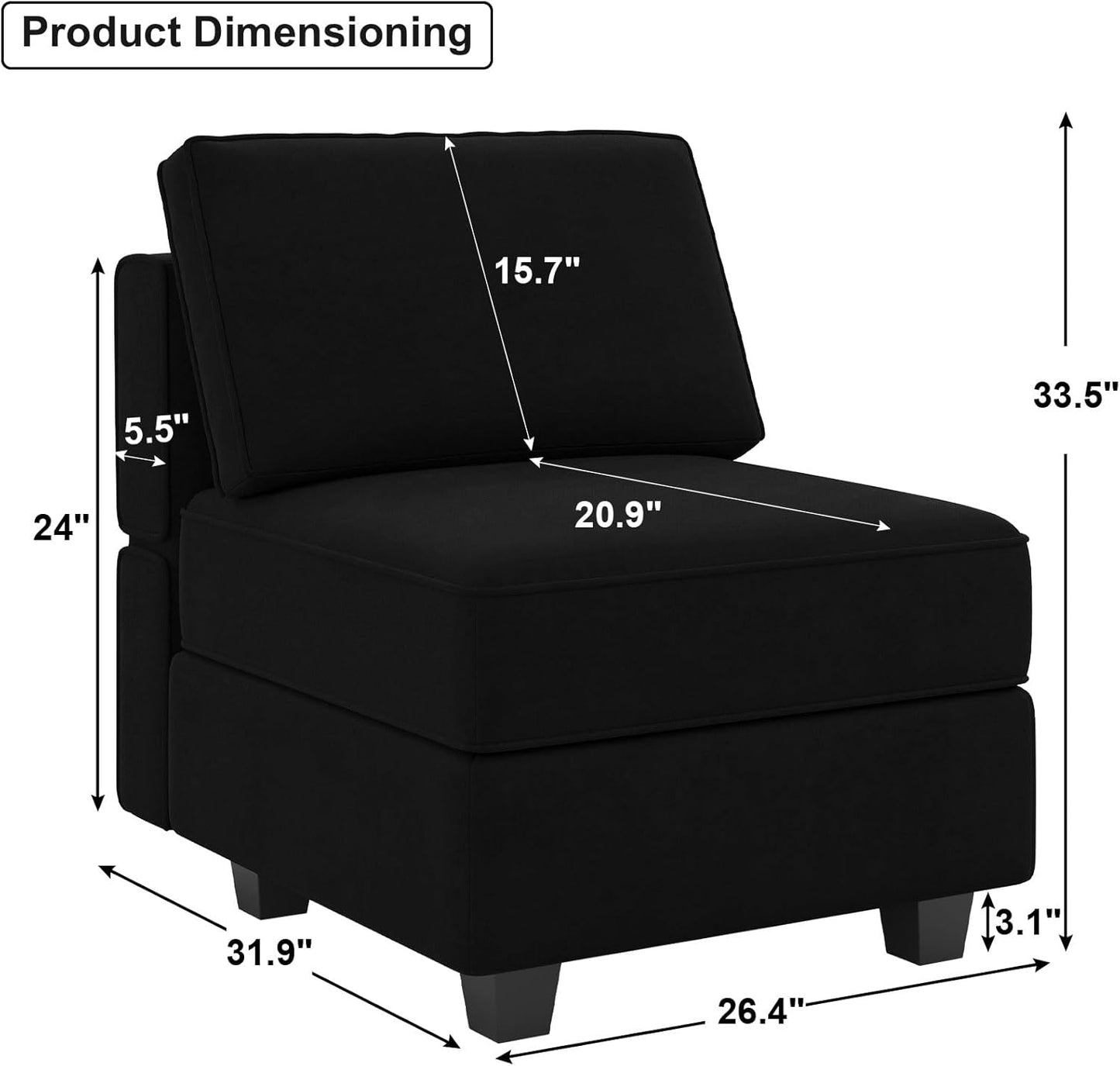 Belffin Modular Sofa Middle Module with Storage Accent Armless Chair for Modular Sectional Sofa Couch Velvet Black