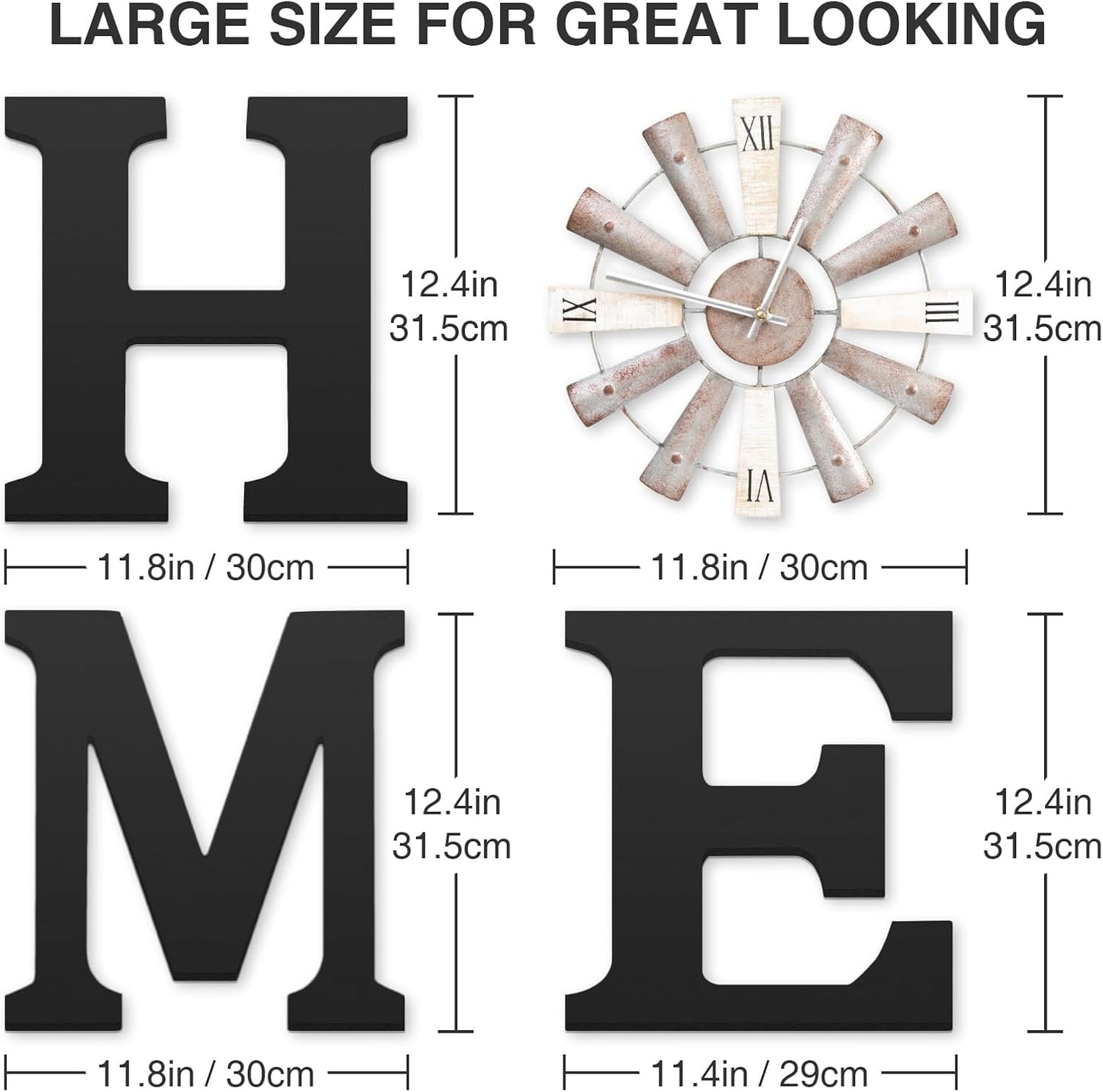 Farmhouse Home Signs with Windmill Clock Wall Decor Rustic Home Letters Wall Art for Living Room Kitchen Entryway Dining Room Bedroom (black)