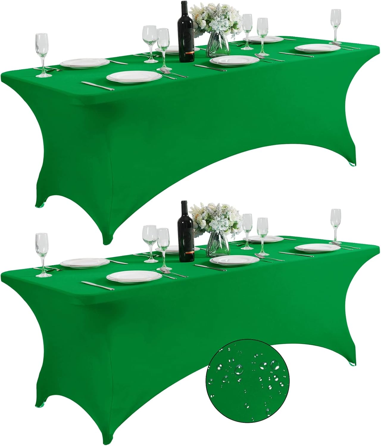 SuperO 2Pack Waterproof Spandex Table Cover for 8FT Table Universal Fitted Stretch Tablecloth for Party, Banquet, Wedding and Events-Emerald