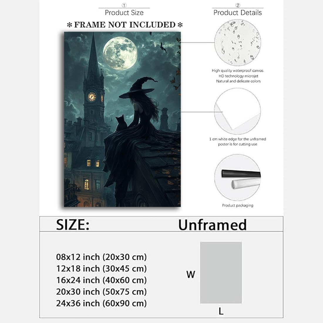 Halloween Witch Black Cat Wall Art,Magical Moon Witch on Roof with Black Cat at Night Scene Painting Haunting Dark Witches Canvas Print for Haunted House Party Decor Poster,24"x36" Unframed